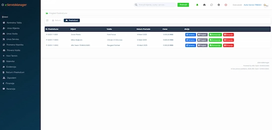 Evidencija računa i predračuna u aplikaciji eServisManager za auto servise