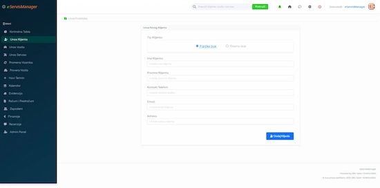Unos klijenata u softveru za auto servis – eServisManager web aplikacija