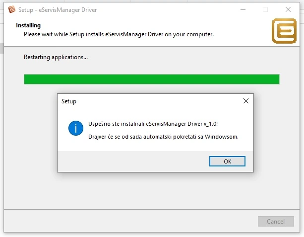 Potvrda o uspešnoj instalaciji eServisManager drajvera